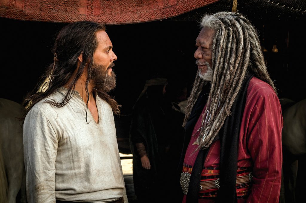 Jack Huston plays Judah Ben-Hur and Morgan Freeman plays Ilderim in Ben-Hur from Metro-Goldwyn-Mayer Pictures and Paramount Pictures.